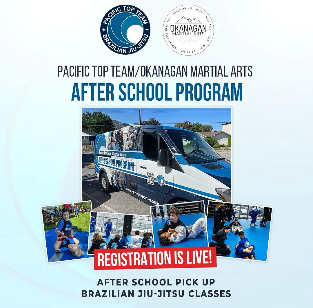Pacific Top Team Penticton After School Program flyer — registration is live for school pickup and Brazilian Jiu-Jitsu classes
